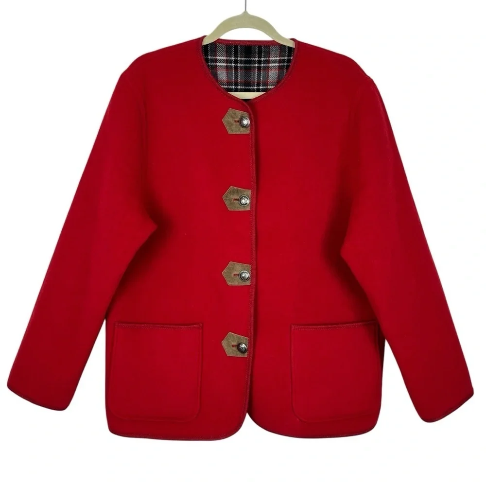 Sonnblick Landhausmoden Virgin Wool Reversible Plaid & Solid Red Jacket Sz. L??
